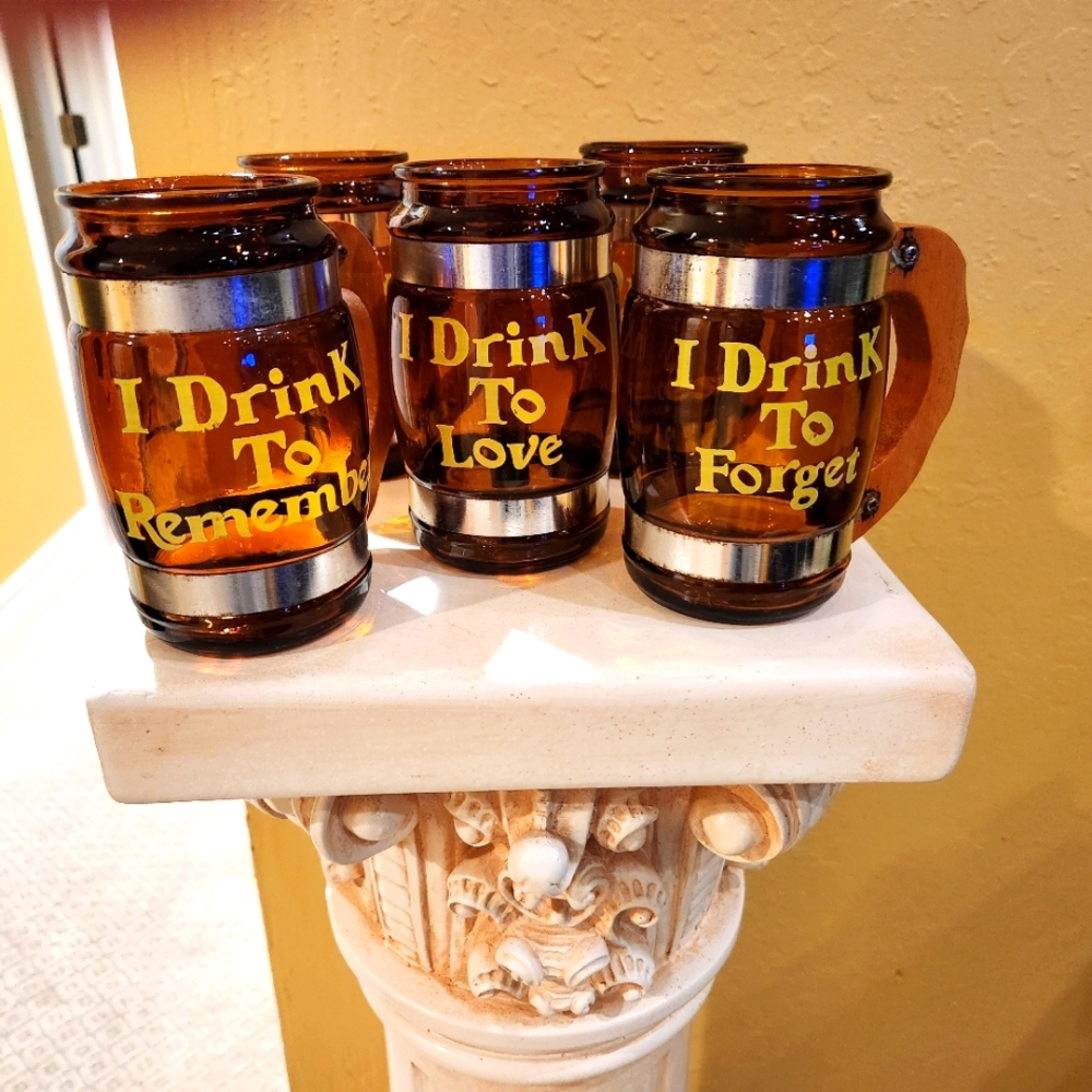 Beer Mugs, Amber Glass, Wooden Handles